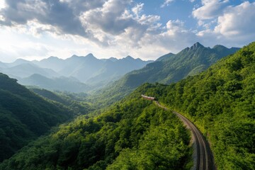 Fototapeta premium scenic train journey through lush mountains and valleys