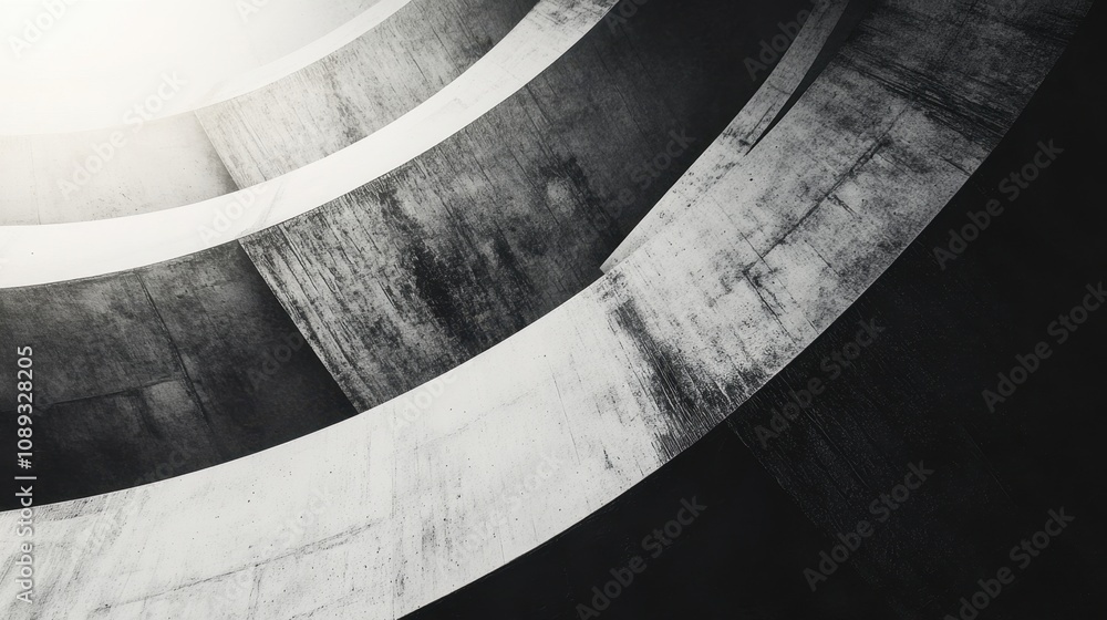 Poster circular concrete structure with a textured surface, illuminated by a bright light source