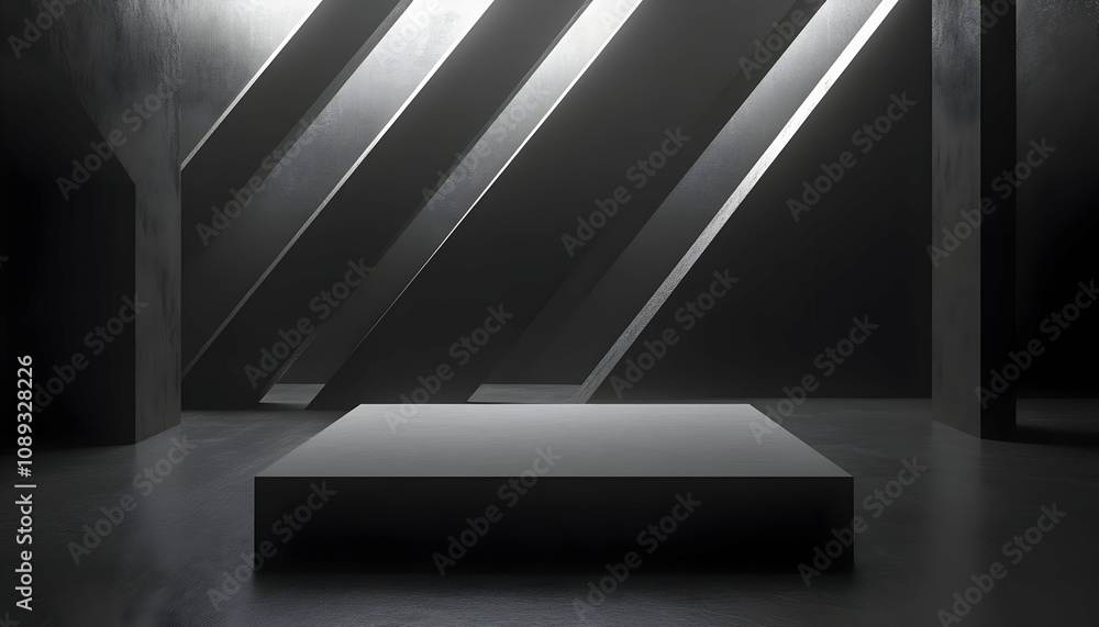 Poster dark, minimalist studio with a single platform and angular walls.