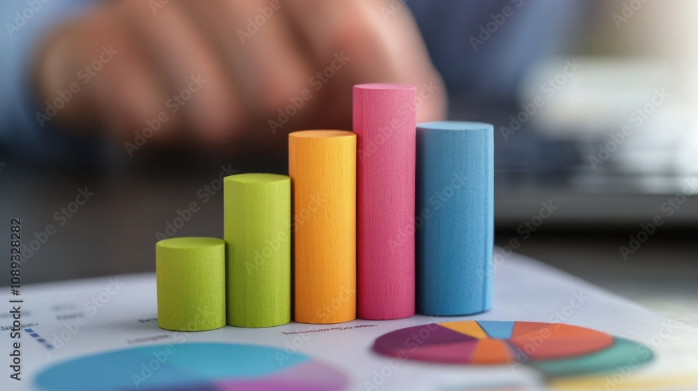 Poster colorful bar graph made of wooden blocks placed on a financial report with a pie chart in the backgr