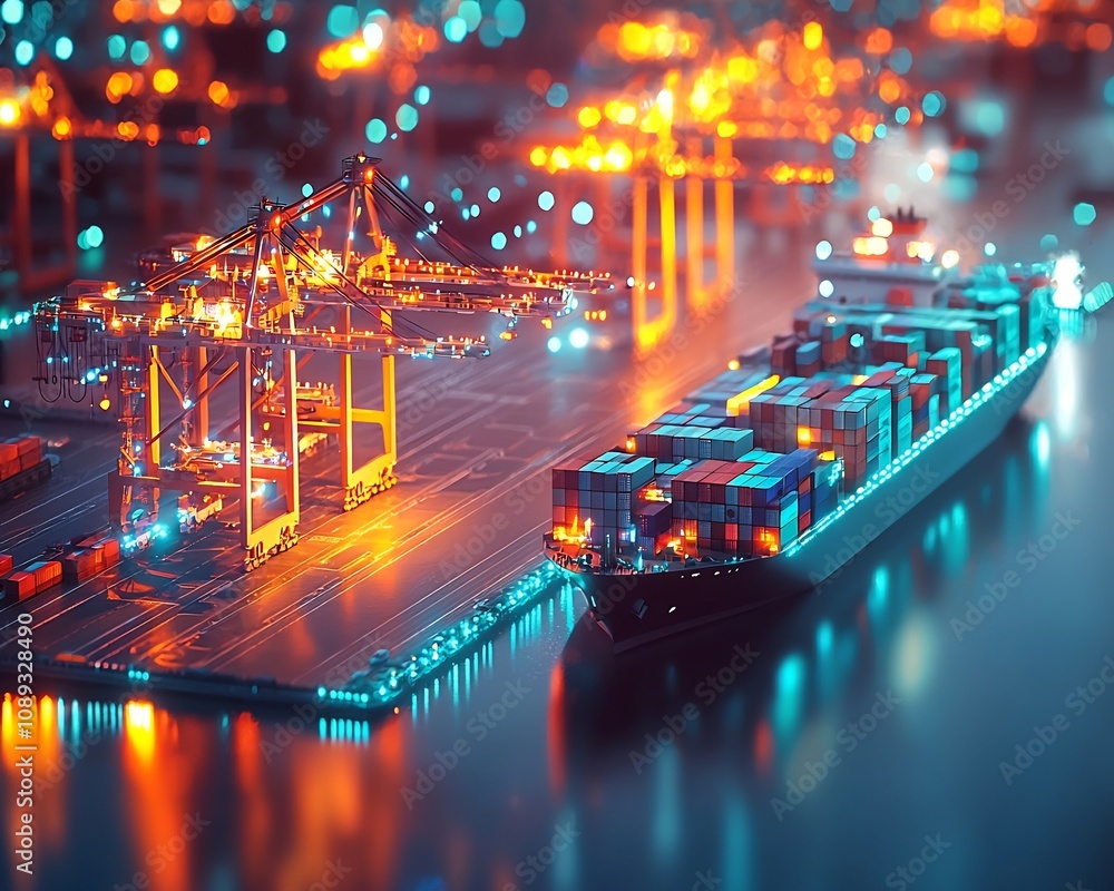 Poster glowing futuristic shipping yard with automated cranes loading digitally tracked cargo containers on