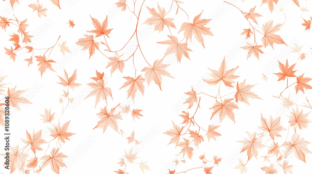 Poster delicate peach-toned maple leaves float and fall against a white background, creating a serene and e