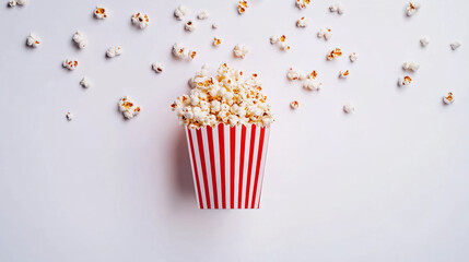 Popcorn served in striped container on white background during snack time