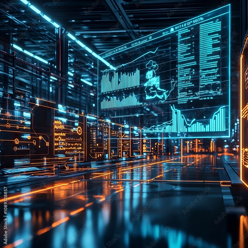 Poster futuristic logistics center with holographic data visualization for real time resource optimization 