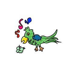 illustration of a green bird singing to its child