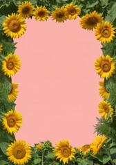 Fototapeta premium Sunflower frame with pink background perfect for invitations or announcements