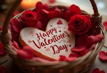 Valentine`s day corazon en una cesta feliz san valentin