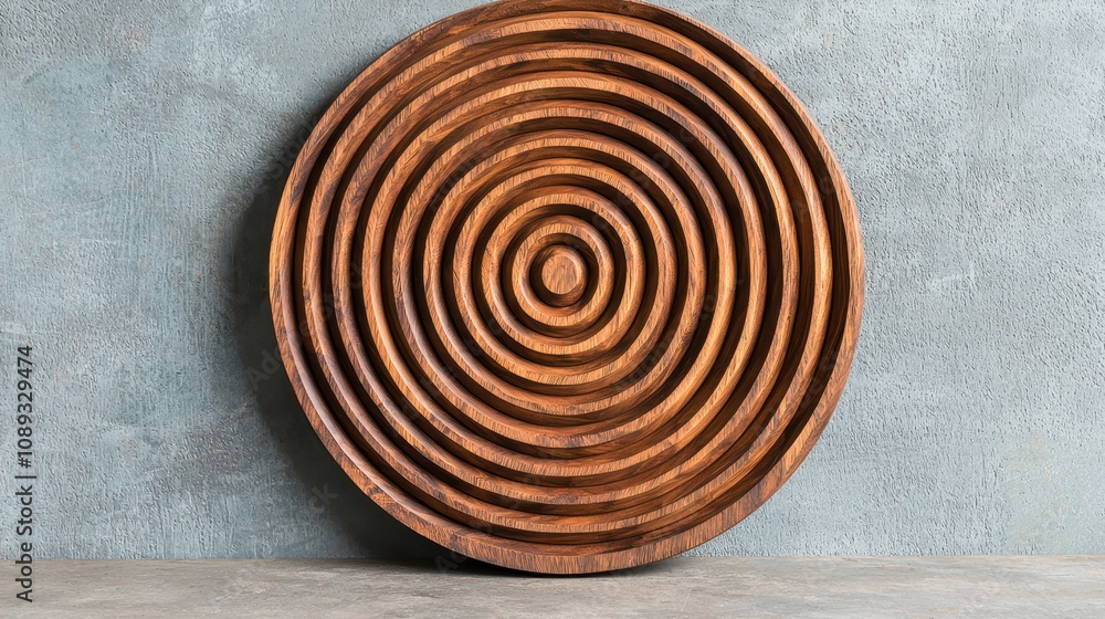 Poster a circular wooden object with concentric grooves, placed against a textured gray background, showcas