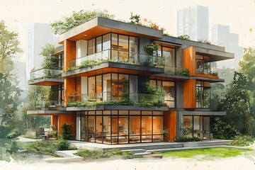 Modern house with trees on a white background. Architectural illustration. 3D house
