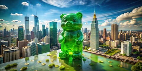 A giant gummy bear stands tall on a rooftop overlooking a city skyline, surrounded by miniature lily pads, creating a whimsical scene that blends sweetness with urban architecture.