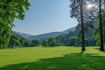 A peaceful landscape featuring lush green grass, tall trees, distant mountains, and a bright sun shining in a clear blue sky.