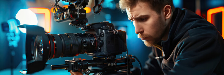 A cinematographer, carefully adjusting focus and aperture settings on a high-end camera.