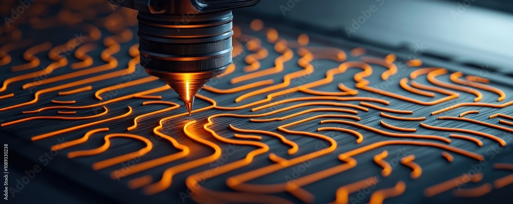 Poster a close-up of a laser engraving machine creating intricate patterns on a circuit board, showcasing t