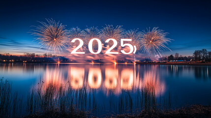 Festive fireworks illuminate the lake reflecting 2025 during a New Year's Eve celebration