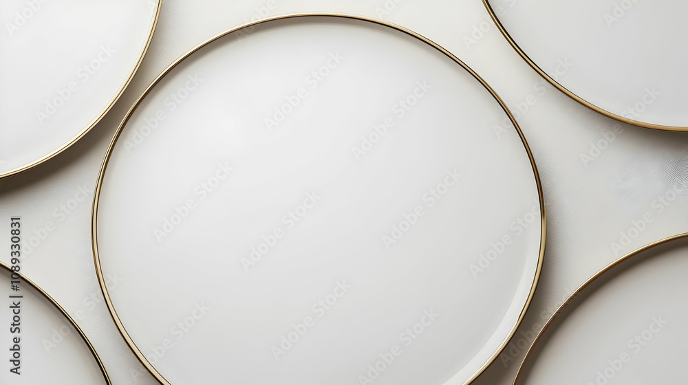Poster elegant white plates with gold rims arranged in an overlapping pattern against a white background, c