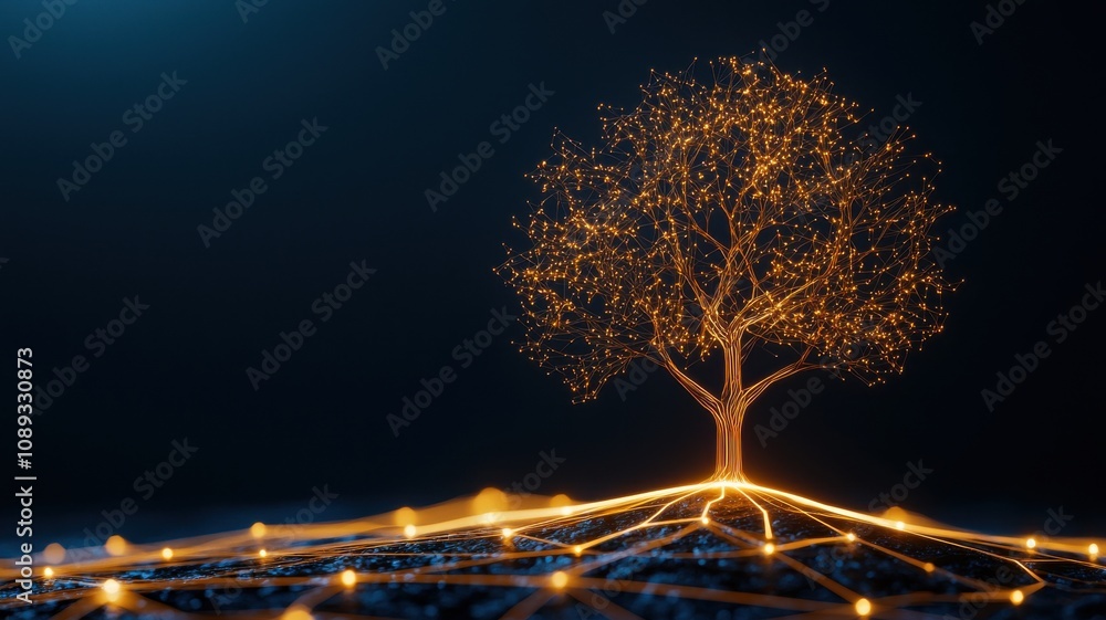 Aufkleber a luminous tree with glowing branches and roots, set against a dark background, creating a magical a