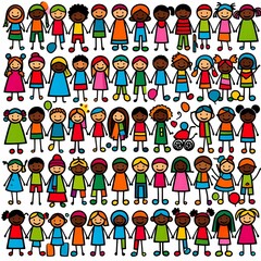 Fototapeta premium Playful stick figure illustrations of children, including boys and girls, showcasing a variety of ethnic backgrounds.