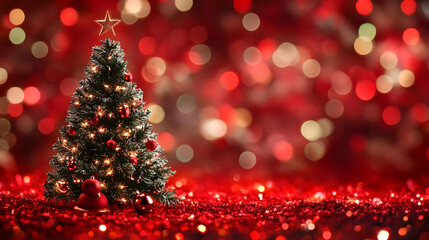 Festive Christmas tree adorned with red ornaments, standing on a bed of red glitter against a bokeh backdrop.