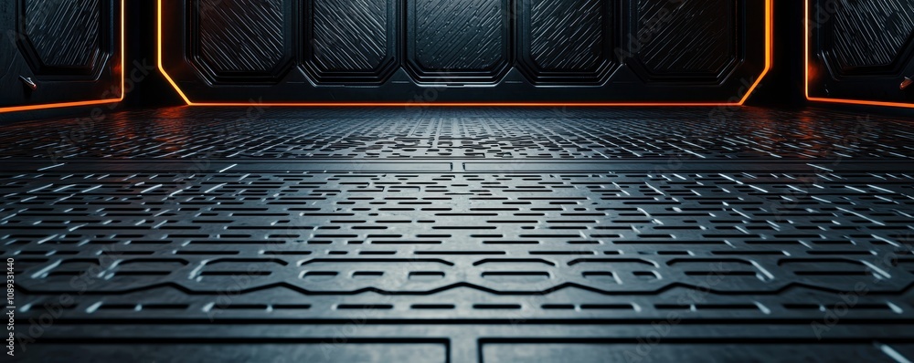 Aufkleber a futuristic, textured floor with intricate patterns, illuminated by soft orange lighting, creating 