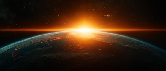 Obraz premium Space Station in Orbit Around a Glowing Blue Planet with Active Spacecraft Traffic 