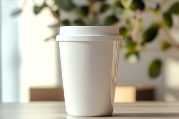 Coffee cup rests on wooden table surrounded by greenery indoors