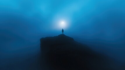 a solitary figure standing on a rocky outcrop in a foggy landscape with a glowing light in the background