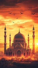 Ramadan kareem eid mubarak mosque in evening with sun light background generative ai