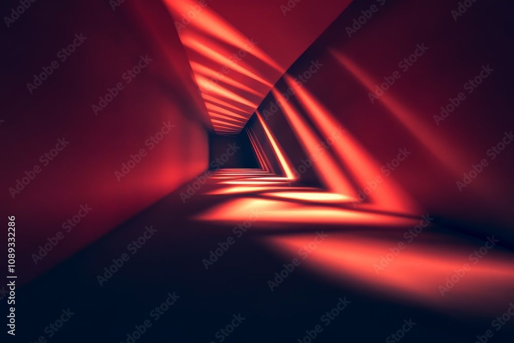 Poster a dramatic tunnel illuminated by striking red light, creating a mysterious and immersive atmosphere.