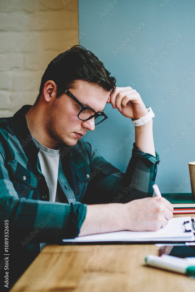 Poster contemplative smart student solving problem for homework task concentrated on learning, clever hipst
