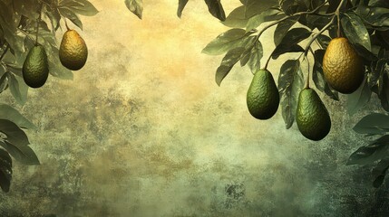 A scene showcasing an avocado orchard with ripe fruit hanging from trees, set against a textured background