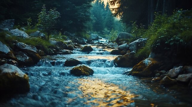 Serene Mountain Stream Flowing Through Lush Forest Landscape