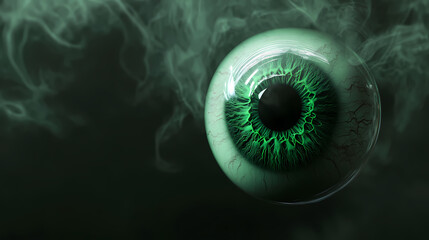 A vivid green eyeball floating on a dark, smoky background. Intriguing Optical Illusions. Illustration