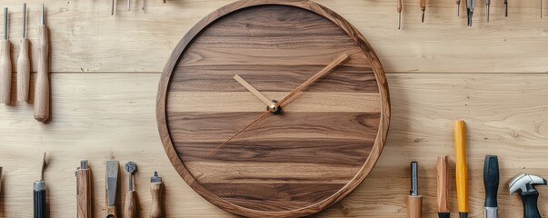 A wooden clock is centered on a workbench surrounded by various hand tools, showcasing craftsmanship and woodworking.