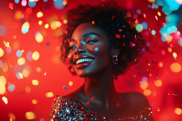 Obraz premium Happy African woman with confetti on a red background, holiday concept , smiling lady sequin tradition 