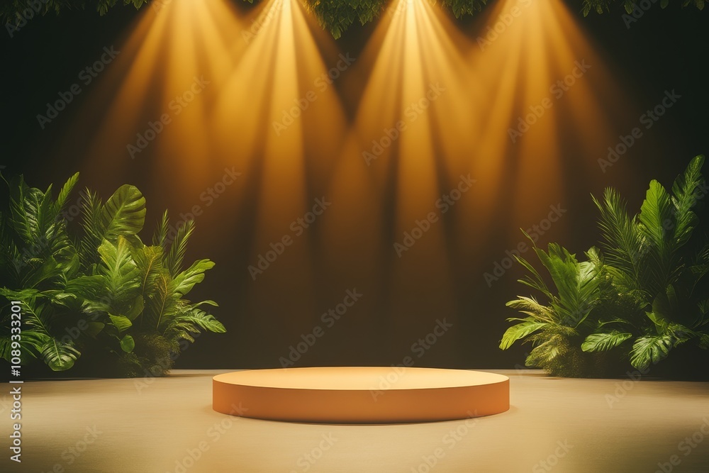 Poster a circular stage illuminated by warm lights, surrounded by lush greenery, creating an inviting atmos