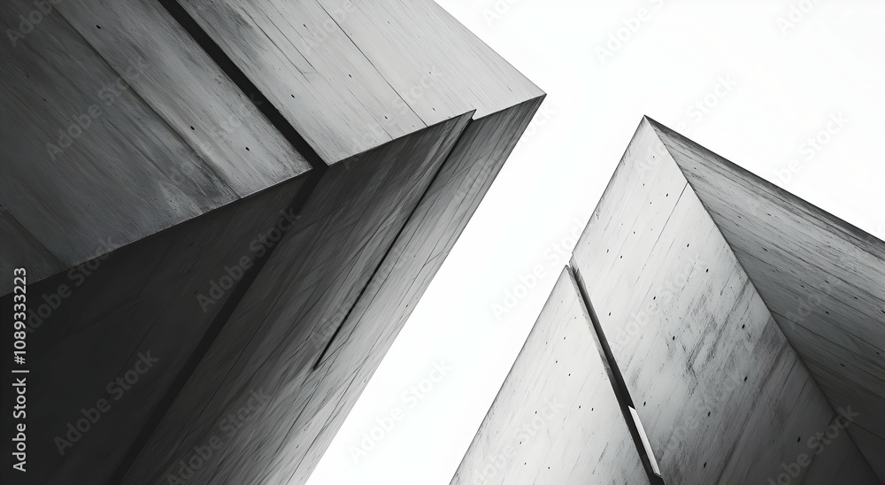 Poster low angle view of two modern concrete structures against a bright sky. the image showcases the textu