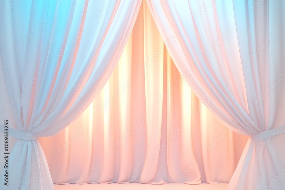 Poster a serene backdrop with flowing white curtains illuminated by soft, warm light, creating an elegant a