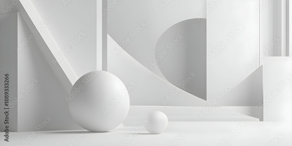Poster minimalist abstract composition featuring two white spheres against a backdrop of clean geometric sh