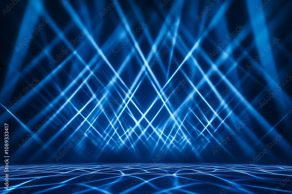 Poster a vibrant display of blue lights creates a dynamic atmosphere, showcasing intersecting beams and ref