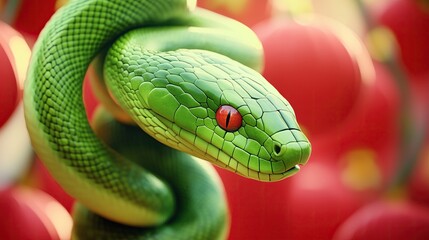 Fototapeta premium A green snake on a red background for Chinese New Year