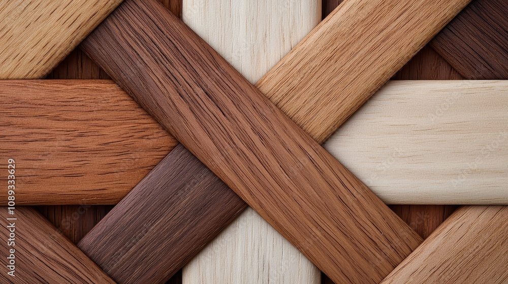 Poster a close-up view of a woven pattern made from various wooden strips showcasing diverse colors and tex