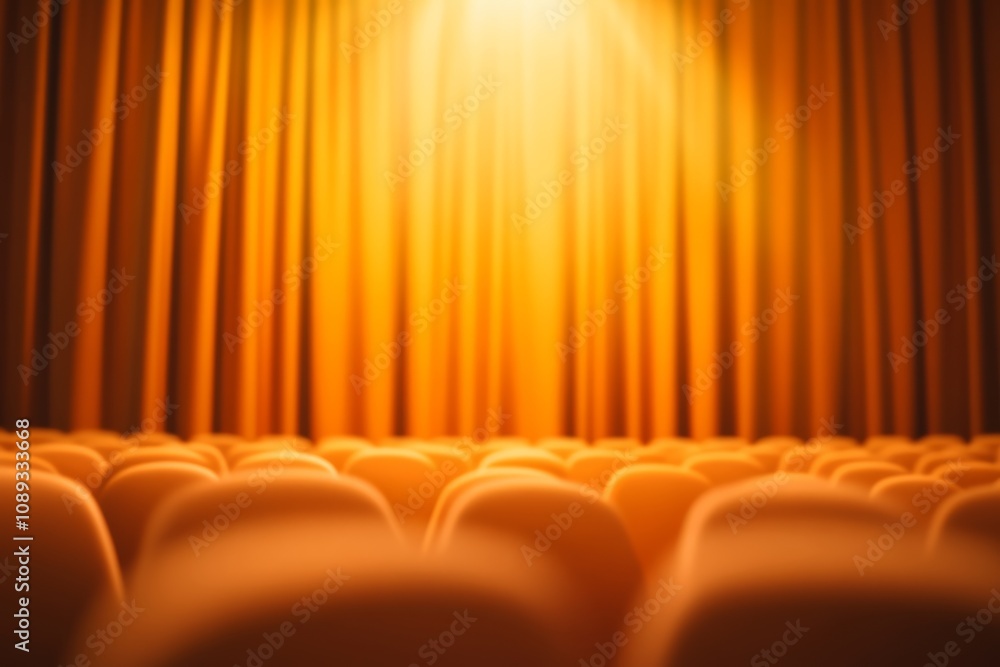 Aufkleber a warm-lit theater stage with golden curtains and empty seats, creating an inviting atmosphere for a