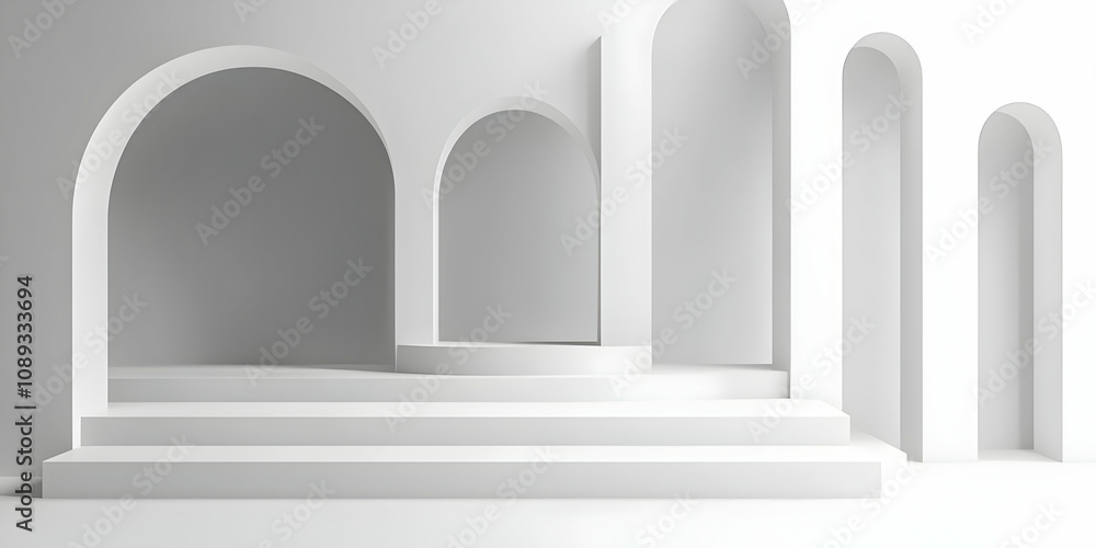 Poster minimalist white architecture with arched niches, steps, and platform. ideal for product display or 