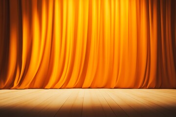 A vibrant orange curtain drapes elegantly on a stage, illuminated by soft lighting, creating a dramatic and inviting atmosphere.