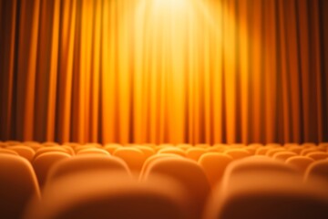 A warm-lit theater stage with golden curtains and empty seats, creating an inviting atmosphere for a performance or event.