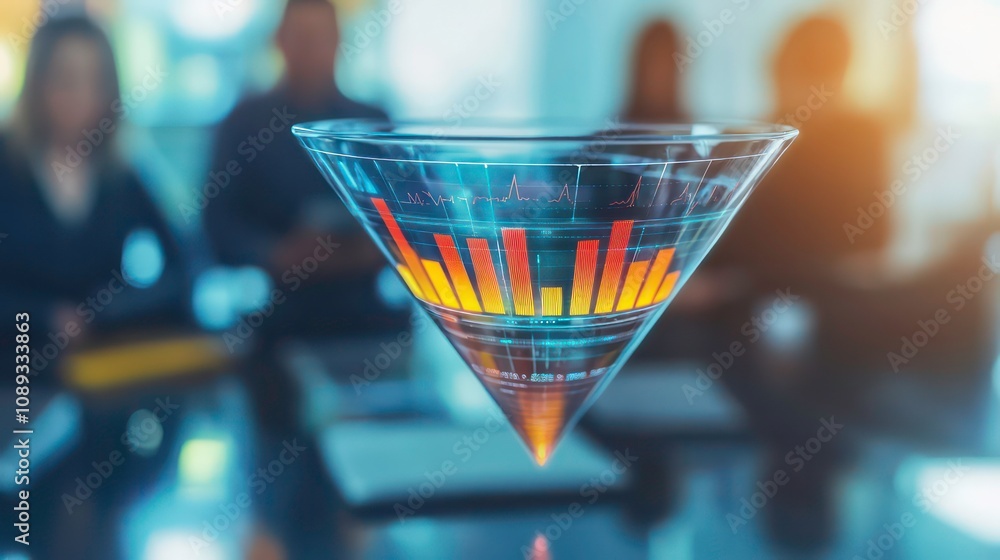 Fototapete A futuristic transparent funnel with data visualizations floating above a business meeting.
