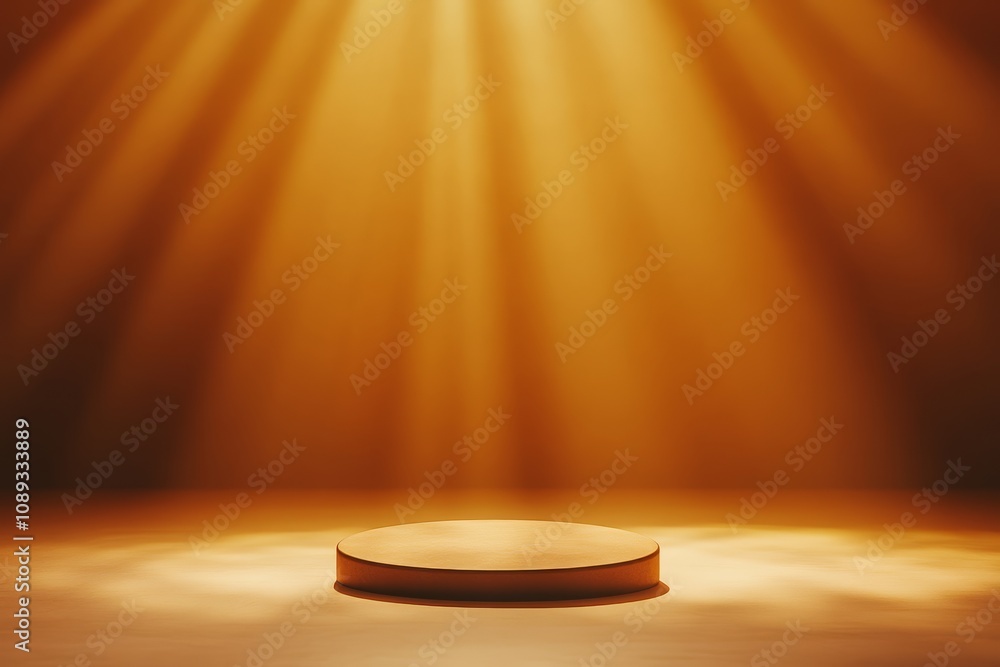 Poster a circular platform illuminated by warm golden light, creating an ethereal atmosphere, perfect for p