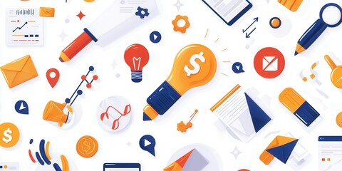 optimization business pattern. A vibrant collection of business and marketing icons, including light bulbs, graphs, and envelopes, on a white background.
