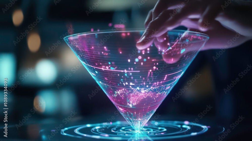 Aufkleber a hand interacts with a futuristic holographic display, showcasing data and technology.