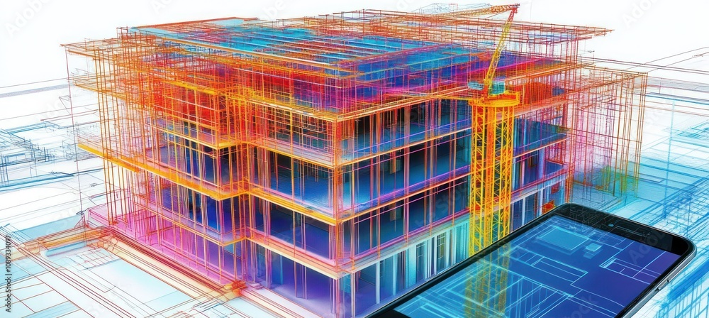 Poster a 3d rendering of a construction site with digital elements and a smartphone interface.